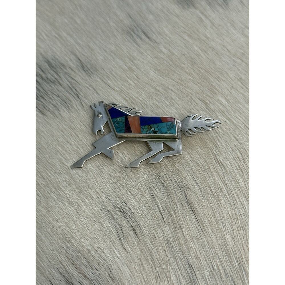 Native American Sterling Silver Inlay Horse Pin Turquoise Coral Robert Vandover - Picture 12 of 15